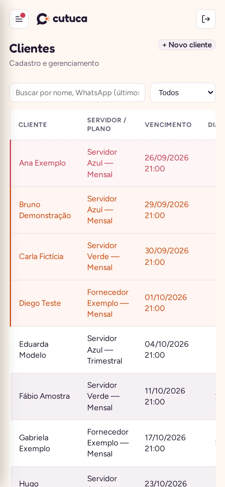 Lista de clientes com servidor, plano e vencimento